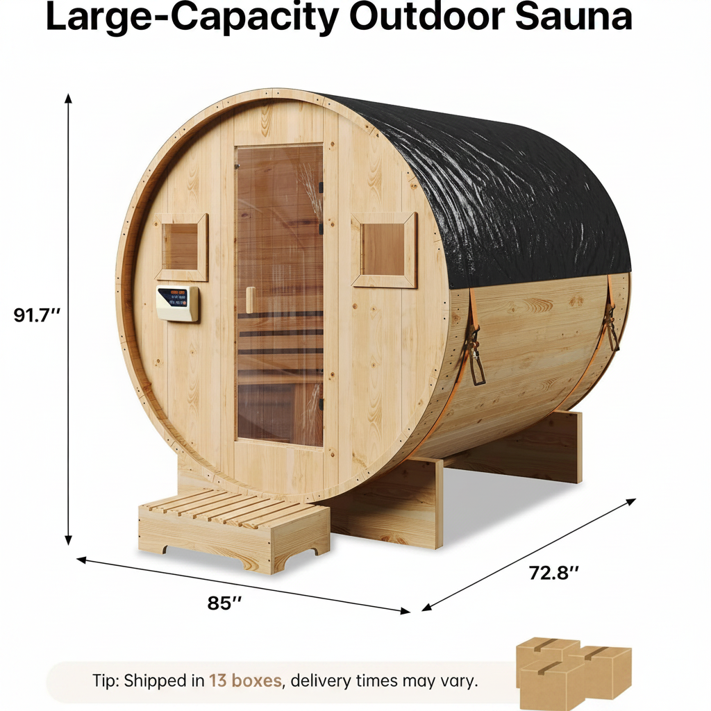 Outdoor Traditional Barrel Sauna | 4-6 Person Wood Sauna, Steam and Wet Sauna with 220V with 6KW Electric Heater, Sauna Stone