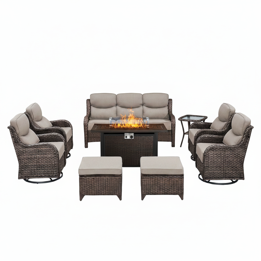 9-Piece Outdoor Patio Furniture Set with Fire Pit Table,Swivel Chairs and 6" Thick Cushions,Sectional Sofa and Ottomans,Patio Conversation Set for Porch Deck Garden Backyard