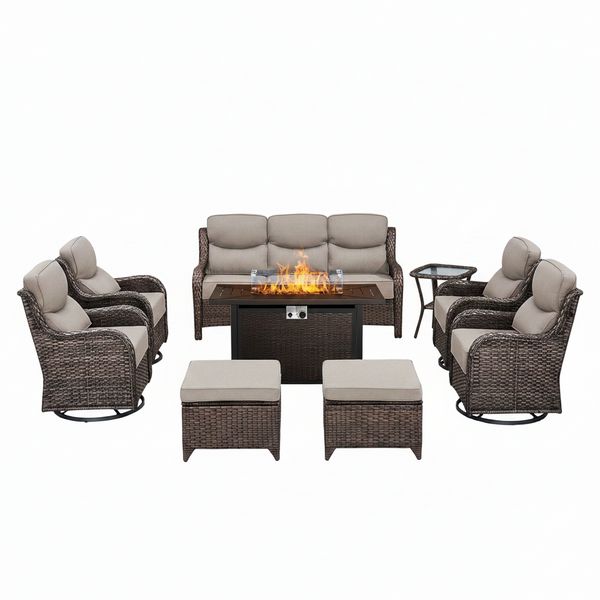 9-Piece Outdoor Patio Furniture Set with Fire Pit Table,Swivel Chairs and 6" Thick Cushions,Sectional Sofa and Ottomans,Patio Conversation Set for Porch Deck Garden Backyard